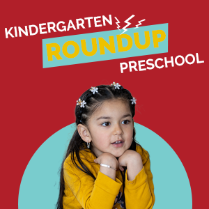  Little girl on red background kindergarten and preschool roundup